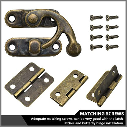 40Pcs Antique Bronze Box Hinges and 20 Sets Antique Right Latch Hook Hasp Wood Jewelry Box Hasp Catch with Matching Screws Kit for Decorative DIY Jewelry Cabinet Small Wooden Box