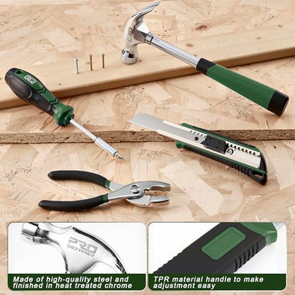 Prostormer 93-Piece Tool Kit, Basic Household Repair Tool Set with Toolbox Storage Case, Small Starter Tool Box Kit for Homeowners and College Students (Green) - color: Green
