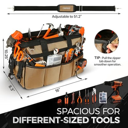 COMOWARE 19-Pocket Tool Bag, 16“ Heavy Duty Tool Organizer with Adjustable 51.2" Shoulder Strap, 1680D Oxford Fabric & PVC Coating, Reflective Strips, Tactical Loops, Mechanics, DIY - color: Khaki