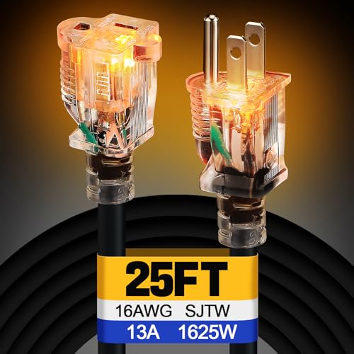 Lighted End Outdoor Extension Cord Waterproof -16AWG, 3 Prong, 13A, 1625W, Flexible Black Power Extension Cord for Outsides, 25ft - color: Black, size: 25ft