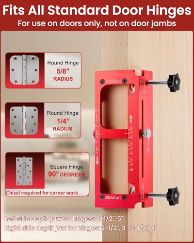 Door Hinge Jig, Aluminum Alloy Doors Hinges Router Jigs, Adjustable Door Jamb Hinge Jig, Fits Door Hinges from 2.5" to 5" Length and Thicknesses, Radius 1/4”, Radius 5/8” and Square Corner