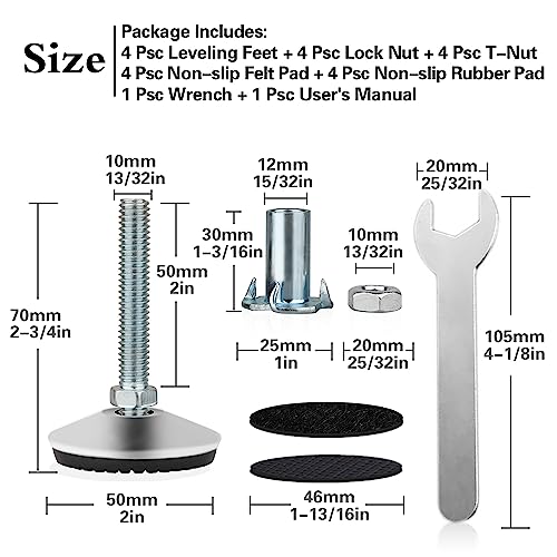 4 Set M10 Swivel Adjustable Leveling Feet, Heavy Duty Height Adjuster Furniture Leveler Foot with T Nut, Screw on Cabinet Table Chair Self Levelers Leg - 2" Base Dia & 2" Bolts Length - Silver - style: Silver Swivel Leg Levelers