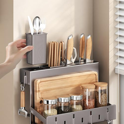 Multifunctional Wall-Mounted Knife Holder Kitchen Utensils Holder Spice Storage Organizer Rack for Knives, Spoons, Chopsticks, Towels, Pot Lids, Spice Jars (Grey) - color: Grey