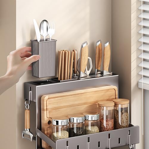 Multifunctional Wall-Mounted Knife Holder Kitchen Utensils Holder Spice Storage Organizer Rack for Knives, Spoons, Chopsticks, Towels, Pot Lids, Spice Jars (White) - color: White