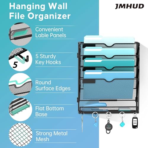 2 Pack 5 Tier Wall File Organizer - Hanging File Organizer with 5 Hooks, Mail Holder Wall Mounted for Papers, Folders, Magazines, Bills, Office&School Organization, Black - size: 5 Tier-Black-2Pack