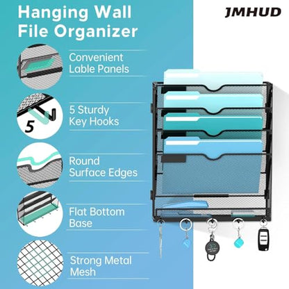 2 Pack 5 Tier Wall File Organizer - Hanging File Organizer with 5 Hooks, Mail Holder Wall Mounted for Papers, Folders, Magazines, Bills, Office&School Organization, Black - size: 5 Tier-Black-2Pack