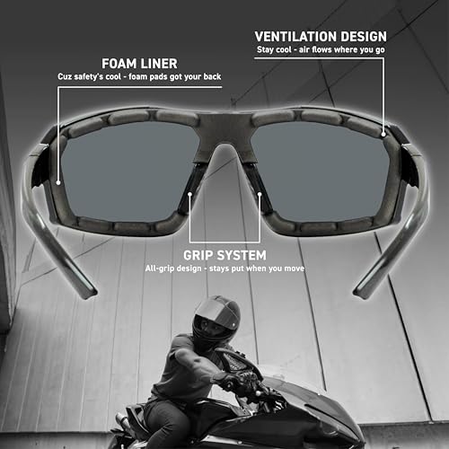 REV Z87+ Powersports Motorcycle Riding Goggles HD High Contrast UV400 Sports Wrap Sunglasses Safety Glasses - color: Phantom Grey