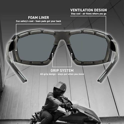 REV Z87+ Powersports Motorcycle Riding Goggles HD High Contrast UV400 Sports Wrap Sunglasses Safety Glasses - color: Phantom Grey