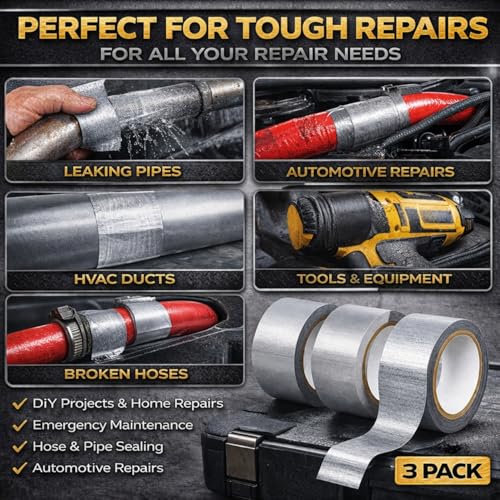 Silver Duct Tape Heavy Duty, 3 Pack 90 Yd Total, Waterproof Strong Adhesive Tape, 8.26 Mil Thick, Multi Purpose for Repairs, Sealing & Outdoor Use