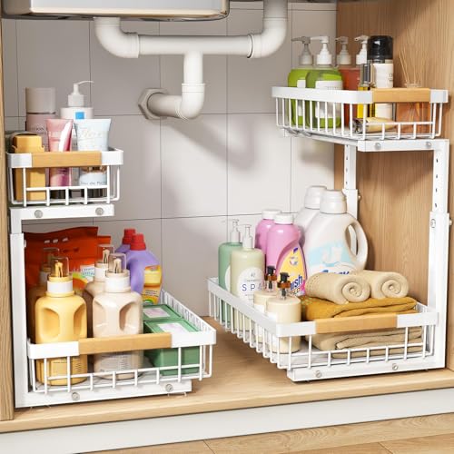 PXRACK Under Sink Organizer, Adjustable Height, 2 Tier Pull Out Under Cabinet Organizer, Slide Out Thickened Metal Under Sink Storage for Kitchen Bathroom Laundry Pantry Cabinet, White, Large-2-Pack - color: White, size: Large-2-Pack