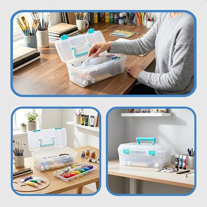 ArtBin 6937AG Essentials Lift-Out Tray Box, Portable Art & Craft Organizer with Handle and Tray, Clear/Aqua