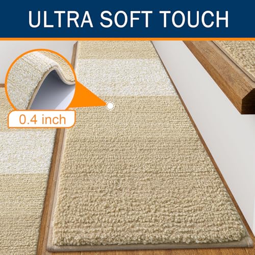 OLANLY Stair Treads Non Slip 15PCS, 8" x 30" Indoor Stair Runners for Wooden Steps, Edging Stair Rugs with Reusable Peel and Stick Adhesive for Kids Elders and Pets, Beige - color: Beige