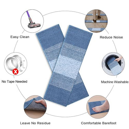 OLANLY Stair Treads Non Slip 15PCS, 8" x 30" Indoor Stair Runners for Wooden Steps, Edging Stair Rugs with Reusable Peel and Stick Adhesive for Kids Elders and Pets, Light Blue - color: Light Blue