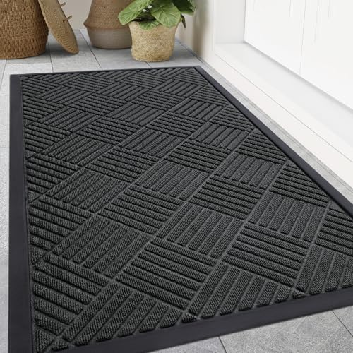 Smiry Front Door Mat Outside Entrance, Heavy Duty Outdoor Indoor Natural Rubber Doormat, Non Slip, Trap Dirt and Moisture, Easy Clean, Low Profile Patio Porch Entryway Mat, 59x35, Black - color: Black, size: 59" X 35"