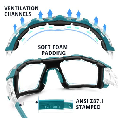UKNOW Safety Glasses - Anti Fog Wraparound Lenses - Removable Foam Gasket - ANSI Z87.1 Protective Eyewear - Impact Resistant - color: Teal