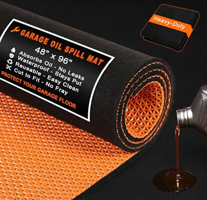 Golener Oil Spill Mat - Garage Floor Mat, Absorbent Oil Pad, Premium Maintenance Mat, Waterproof, Contain Liquid, Protect Floor from Spill & Stain, Reusable, Washable, Durable, 48”x96”, Black/Orange - size: 4' x 8' (Rectangular)