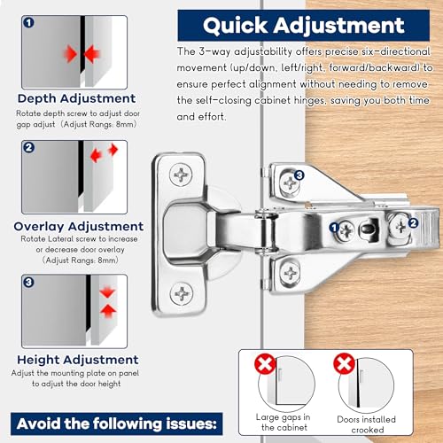 10 Pack 1/2'' Overlay Face Frame Soft Close Hidden Cabinet Hinges, 105 Degree 3D Adjustable Clip On Plate Concealed Kitchen Cupboard Door Hinges with Screws