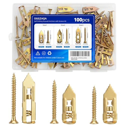 100pcs Self Drilling Drywall Anchors with Screws Kit, 50 Sheetrock Anchors & 50 Screws, 3 Sizes,No Pre-Drilling Required, for Wall Decor, Shelves, Pictures Hanging - size: 100pcs 3size Kit