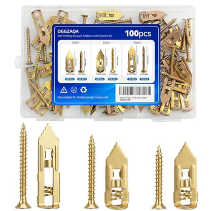 100pcs Self Drilling Drywall Anchors with Screws Kit, 50 Sheetrock Anchors & 50 Screws, 3 Sizes,No Pre-Drilling Required, for Wall Decor, Shelves, Pictures Hanging - size: 100pcs 3size Kit