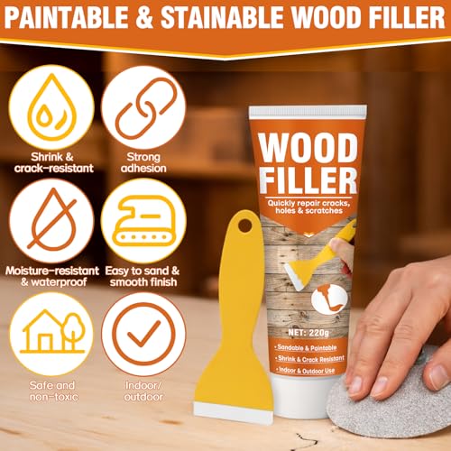 Wood Filler,220g Paintable & Sandable Wood Putty –Low Odor, Shrink & Crack Resistant-Quick Repair for Cracks, Holes and Damage-For Indoor & Outdoor Wood Repair(White)