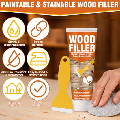 Wood Filler,220g Paintable & Sandable Wood Putty –Low Odor, Shrink & Crack Resistant-Quick Repair for Cracks, Holes and Damage-For Indoor & Outdoor Wood Repair(White)