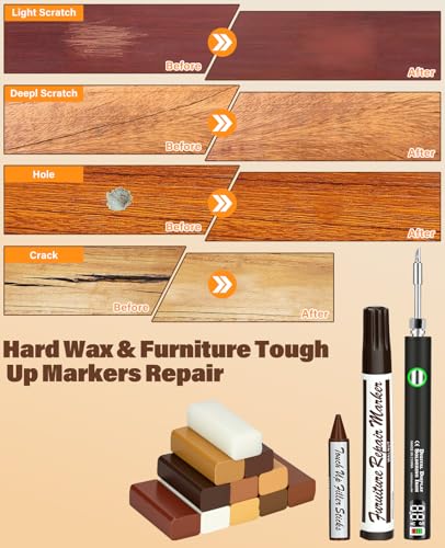Wood Furniture Repair Kit - Includes Wax Melting Tool with Display, Hard Wax Filler, Marker Pen - Furniture and Countertop Repair Set, Hole for Floor, Table, Door, Cabinet