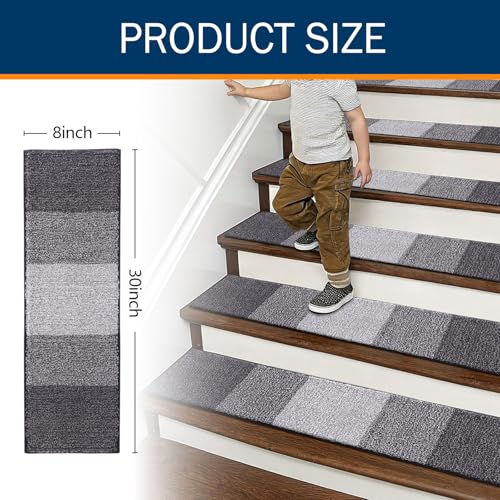 OLANLY Stair Treads Non Slip 15PCS, 8" x 30" Indoor Stair Runners for Wooden Steps, Edging Stair Rugs with Reusable Peel and Stick Adhesive for Kids Elders and Pets, Grey - color: Grey