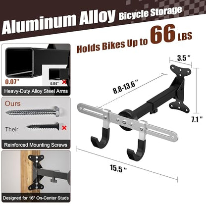 Bike Wall Mount Hanger for Garage, Heavy-Duty Durable Aluminum Alloy Horizontal Bicycle Storage Rack with Adjustable Hook, Hold up to 66lbs, for Road Mountain Hybrid Bikes in Garage - size: 1 pack