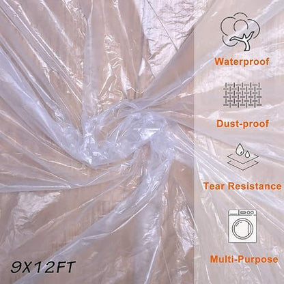 Clear Plastic Sheeting Drop Cloths for Painting, 5 Pcs 9x12ft Plastic Tarp Waterproof Dustproof Almost Tear Resistance Multi-Purpose Furniture Cover Floor Wall Protection Film