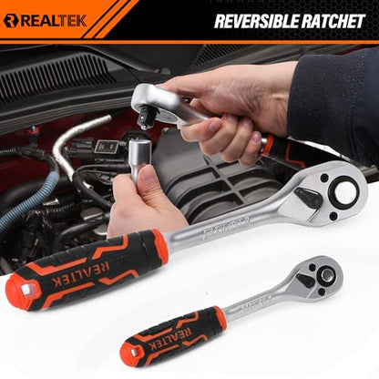 REALTEK 100 Piece Mechanic Tool Set, Car Tool Kit, Cr-V Socket Wrench Auto Repair Kit Includes Socket Accessories, Pliers, Heavy Hammer, Screw Drivers, General Households Tools with Larger Case