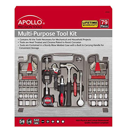 Apollo Tools 79 Piece Multi-Purpose SAE and Metric Tool Set with Sockets for the Garage, Home or on the Road. Includes Essential Tools for Vehicle Maintenance and Repairs - Red- DT9411 - size: 79-piece