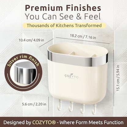 COZYTO LuxTray U1-Pro Wall Mounted Utensil Holder – Kitchen Organizer with Hooks, Dividers & Drain Tray, No-Drill Adhesive Wall Mount Storage, BPA-Free (Cream White & Shiny Silver) - color: Cream White & Shiny Silver
