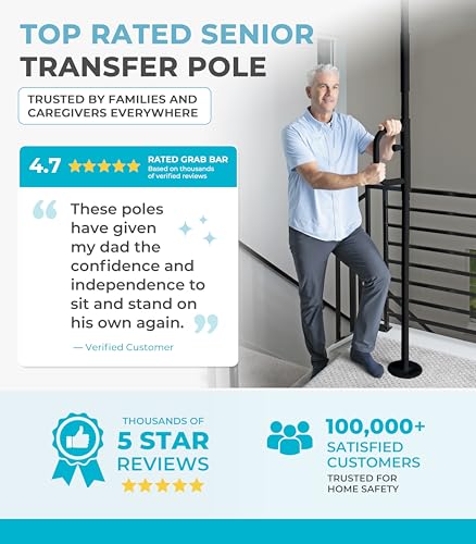 Stander Wonder Pole, Security-Pole and Curve Grab Bar, Tension Mounted Floor to Ceiling Transfer-Pole for Seniors, Elderly Adults, Bathroom Safety Assist and Stability Rail, Black - color: Metallic Black