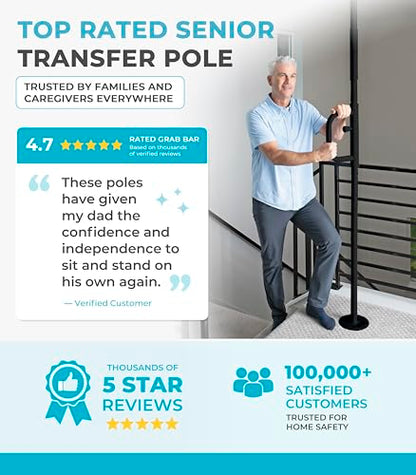 Stander Wonder Pole, Security-Pole and Curve Grab Bar, Tension Mounted Floor to Ceiling Transfer-Pole for Seniors, Elderly Adults, Bathroom Safety Assist and Stability Rail, Black - color: Metallic Black