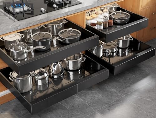 Seinloes 4 Pack Expandable (15.1"-26.3") Pull Out Cabinet Organizer 21" Deep With Raising Pad for Framed Cabinets,Upgrade 3 Slide Rails Slide Out Drawers,No Drill Roll Out Shelves Adhesive,Black - color: Black, size: 21"D x 15.1"-26.3"W(4Pack)