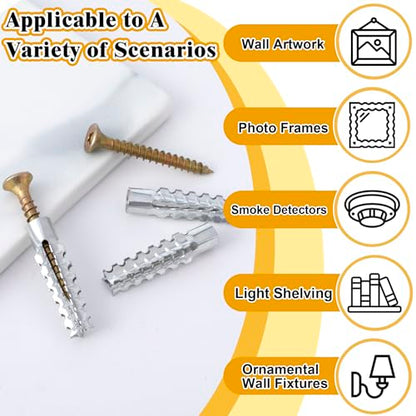 80pcs Tree Shaped Wall Anchor with Screws, M6 Loose Hinge Hole Expansion Screws Anchors, Heavy Duty Steel Repairing Kits for Hollow Concrete Wall Drywall- Silver & Gold