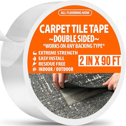 Carpet Tile Tape Double Sided 2in x 90ft - Heavy Duty Reinforced Web Mesh & Residue Free - Indoor Outdoor for Carpet Tiles, Hardwood, Vinyl, Rugs, Carpet, Rubber, Turf & Mat Gripper - size: 2 in X 90 Ft