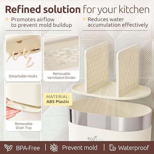 COZYTO LuxTray U1-Pro Wall Mounted Utensil Holder – Kitchen Organizer with Hooks, Dividers & Drain Tray, No-Drill Adhesive Wall Mount Storage, BPA-Free (Cream White & Shiny Silver) - color: Cream White & Shiny Silver