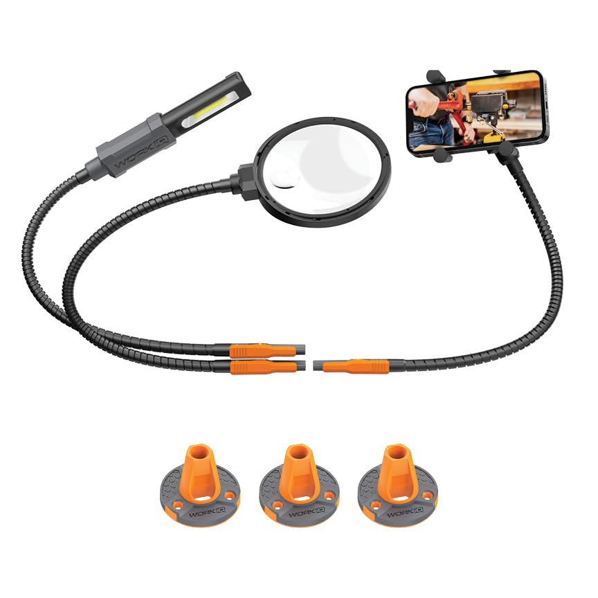 Work IQ Tools IQ Connect | Hands-Free Accessory System with 3 Bench Mounts | Includes Magnifying Glass, Rechargeable Work Light & Cell Phone Holder | Work Bench Accessories Compatible with IQ Vise