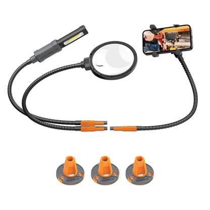 Work IQ Tools IQ Connect | Hands-Free Accessory System with 3 Bench Mounts | Includes Magnifying Glass, Rechargeable Work Light & Cell Phone Holder | Work Bench Accessories Compatible with IQ Vise