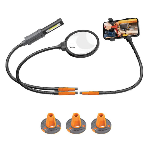 Work IQ Tools IQ Connect | Hands-Free Accessory System with 3 Bench Mounts | Includes Magnifying Glass, Rechargeable Work Light & Cell Phone Holder | Work Bench Accessories Compatible with IQ Vise