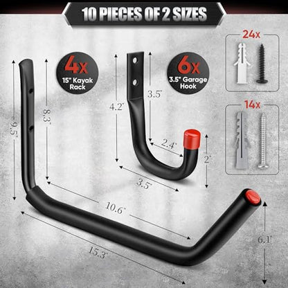 Nacial 10 Pack Garage Hooks Heavy Duty, 15" & 3.5" Kayak Storage Hooks with EVA Pads, 100LBS Capacity Large Garage Hooks for Hanging Bikes, Kayak Folding Chairs and Hanging Ladders - size: 10