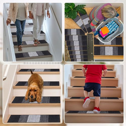 OLANLY Stair Treads Non Slip 15PCS, 8" x 30" Indoor Stair Runners for Wooden Steps, Edging Stair Rugs with Reusable Peel and Stick Adhesive for Kids Elders and Pets, Black - color: Black