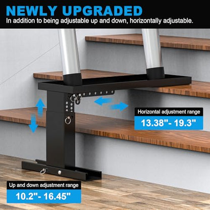 Foldable Ladder Leveler for Stairs, Adjustable 10.2"-16.45" H & 13.38"-19.3" Width, Heavy-Duty Steel Ladder Extender for Stairs with Non-Slip Rubber Base, Fits Extension, Straight & Telescopic Ladders - size: 21.38"