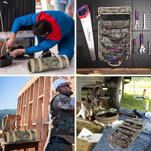 WORKPRO Roll Tool Bag with Detachable Pouches, Heavy Duty Organizer - 6 Pockets, for Mechanics, Electricians, Plumbers & Carpenters - Camo - color: Camo