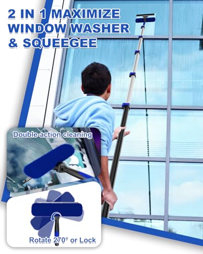 30Ft Reach Solar Panel Cleaning Brush Kit with 5-24ft Telescoping Pole, Water Fed Window Cleaner Tool with 20" Brush, Soap Dispenser, Cobweb Duster, Squeegee for Roof, CV, Gutter, Boat, Deck - color: Blue