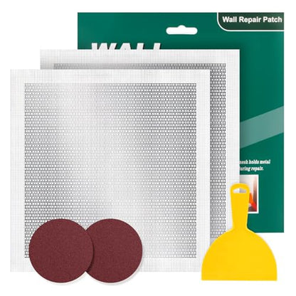 12 X 12 Inch Drywall Repair Kit - Heavy Duty Self-Adhesive Mesh Drywall Repair Patch for Large Holes in Wall and Ceiling, Wall Patch Repair Kit with Scraper and Sandpaper - Dry Wall Patch Kits