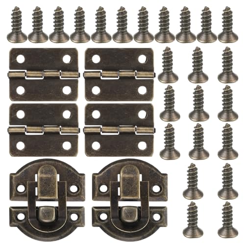 Thinp Antique Bronze Jewelry Box Hinges and Latches, Retro Small Hinges for Wooden Box Metal Small Hinge for Wood Boxes Project Cabinet with Matching Screws (2* Catch + 4* Hinges)