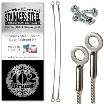 Stainless Steel Cabinet Door Restraint Kit. Made in USA. Flexible Braided Cable. Cupboard Hinge Limiter. Restrict Cabinet Door Swing. Limit Door Opening Angle. - size: 2 Pack