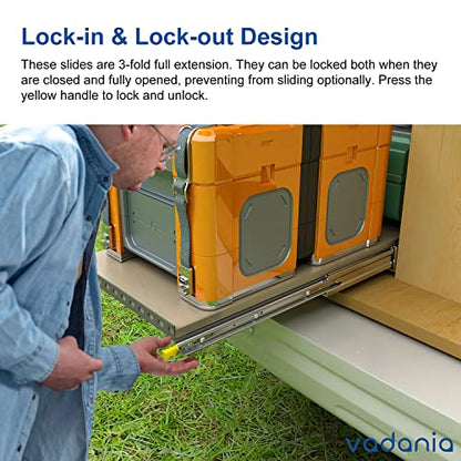 VADANIA 28" Industrial Grade Heavy Duty Drawer Slide with Lock #D76, 3" Widening Up to 379lb Load Capacity, 3-Fold Full Extension, Ball Bearing Lock-in & Lock-Out, Side Mount, 1-Pair - size: 28 Inch, style: #D76(76mm wide)